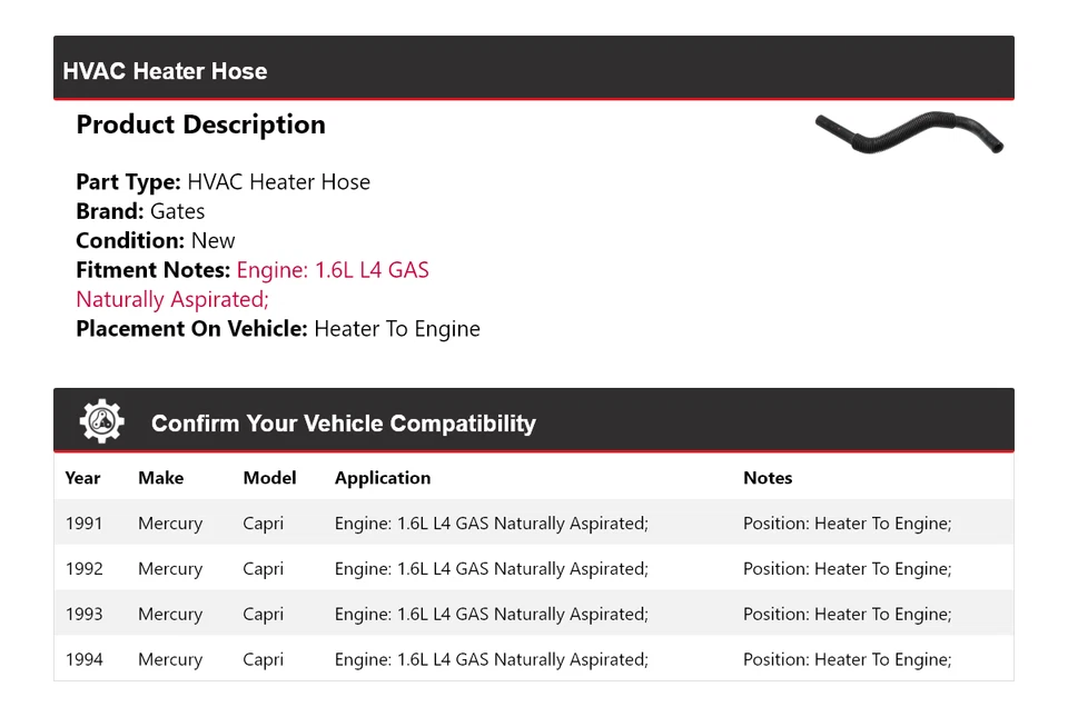 Para 1991-1994 Mercury Capri HVAC Calentador Manguera Calentador para Puertas del Motor 1992 1993 Foto 2 de 4