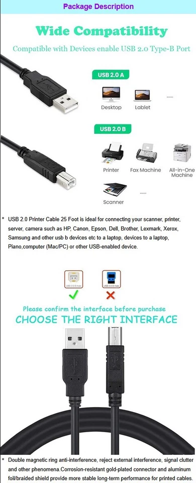 for Printers Scanners USB HUBs High Reliable USB 2.0 Type A Male to B Male Cable - Image 2 of 3
