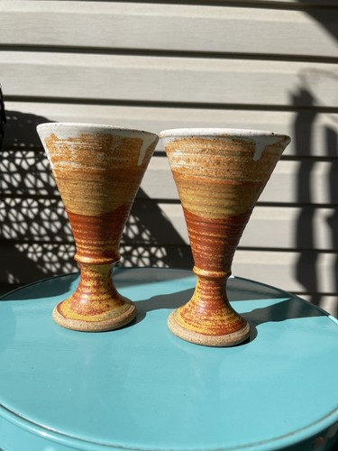 Vintage MCM Tan Earth Tones Fluted Studio Art Pottery Stoneware Goblets 5.75"-2