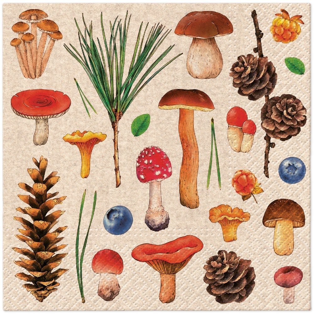 4 x Paper Napkins/33cm/3Ply/Decoupage/Autumn/Fungi/Mushrooms/Toadstools/Pinecone