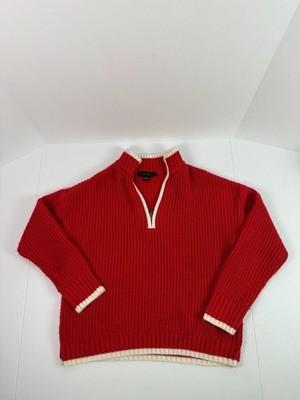 Sanctuary Red Chunky Knit Quarter-Zip Sweater, Cream Trim, Women's Size S