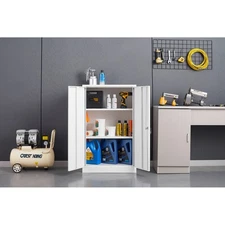 White Multi-Use Metal Folding Storage Cabinet Locking Doors & Adjustable Shelves