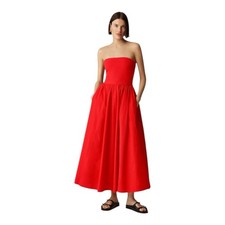 J Crew Red Strapless Cotton Mixy Dress Womens Size S Midi Pockets FLAWED