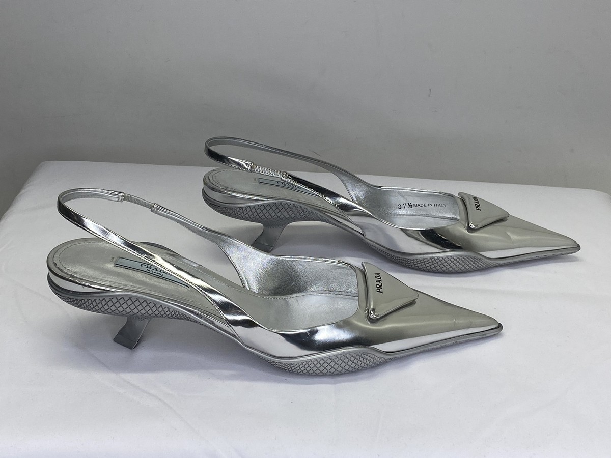 Prada Womens Pumps Silver Size Pointed Slingback Low Kitten