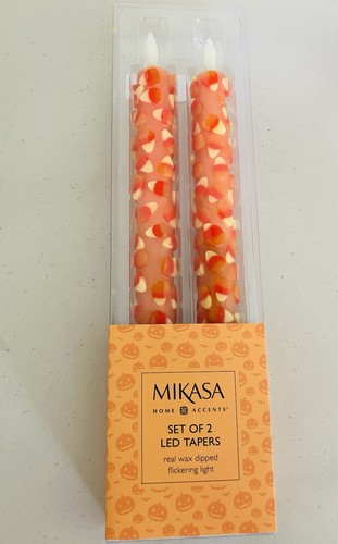 Halloween Candy Corn Flameless Flickering LED Taper Candles 10” Set of 2 - Picture 2 of 5