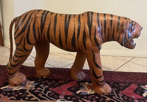 Vintage Leather Wrapped Tiger HUGE Mid Century 1970s Big Cat Decor 40 inch Art