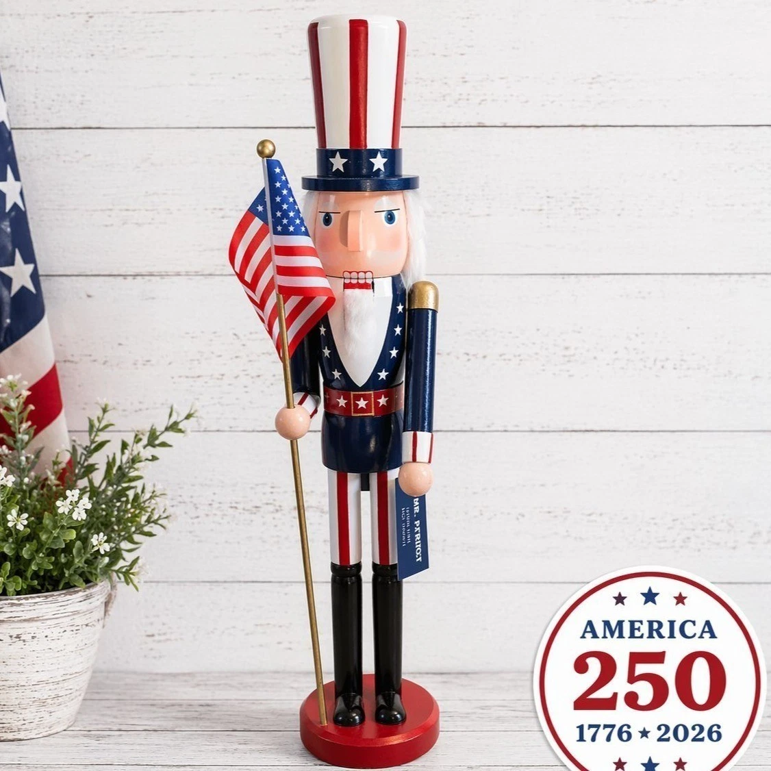 Uncle Sam Nutcracker America 250 Patriotic Wooden Figure USA Flag Decor 24 Inch