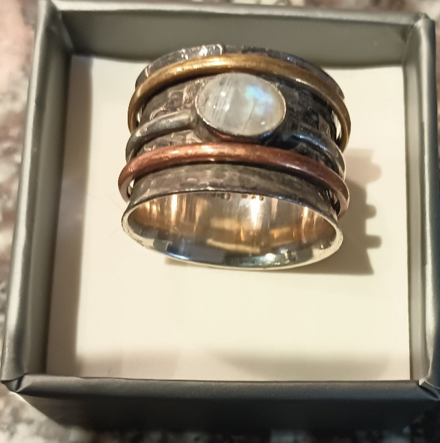 Moonstone Ring Statement Ring with Copper and Bra… - image 5
