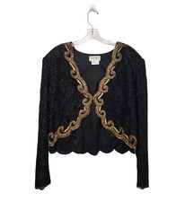 Vtg BRILLIANTE by JA Bolero Jacket Black Gold Beaded Sequin Evening Lined XL