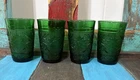 4 Vintage Anchor Hocking Forest Green Juice Glasses Sandwich Glass Floral