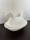 Vintage White Milk Glass Hen  Chicken Rooster On Nest Covered Dish