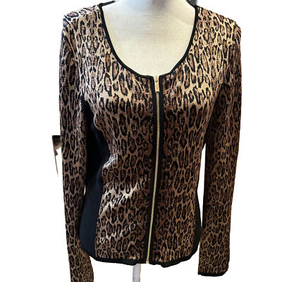   Cache Sz M Leopard Knit Cardigan GLAM Zip-Up Funky Sweater Jacket& Skirt S