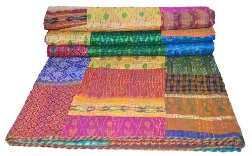 Silk Patola Patchwork Indian Handmade Queen Cotton Kantha Quilt Throw Bedspread - Picture 4 of 5