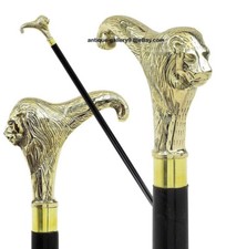 Victorian Brass Loin King head handle Wooden cane Walking Stick Style Vintage