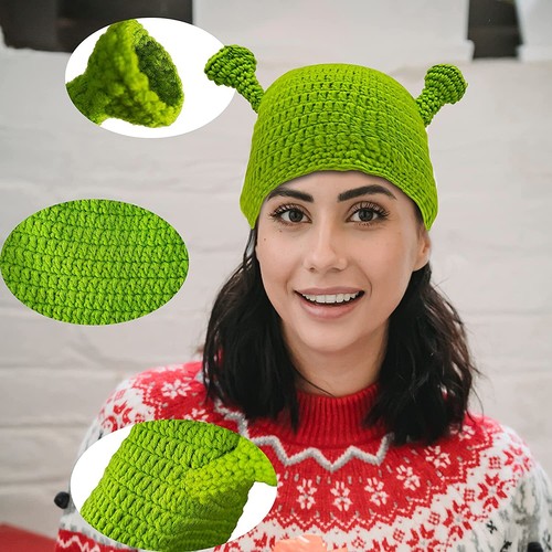 Shrek Hats with Ears, Adult Cosplay Prop Halloween Cosplay Green Beanie Hat Gift - Picture 7 of 27