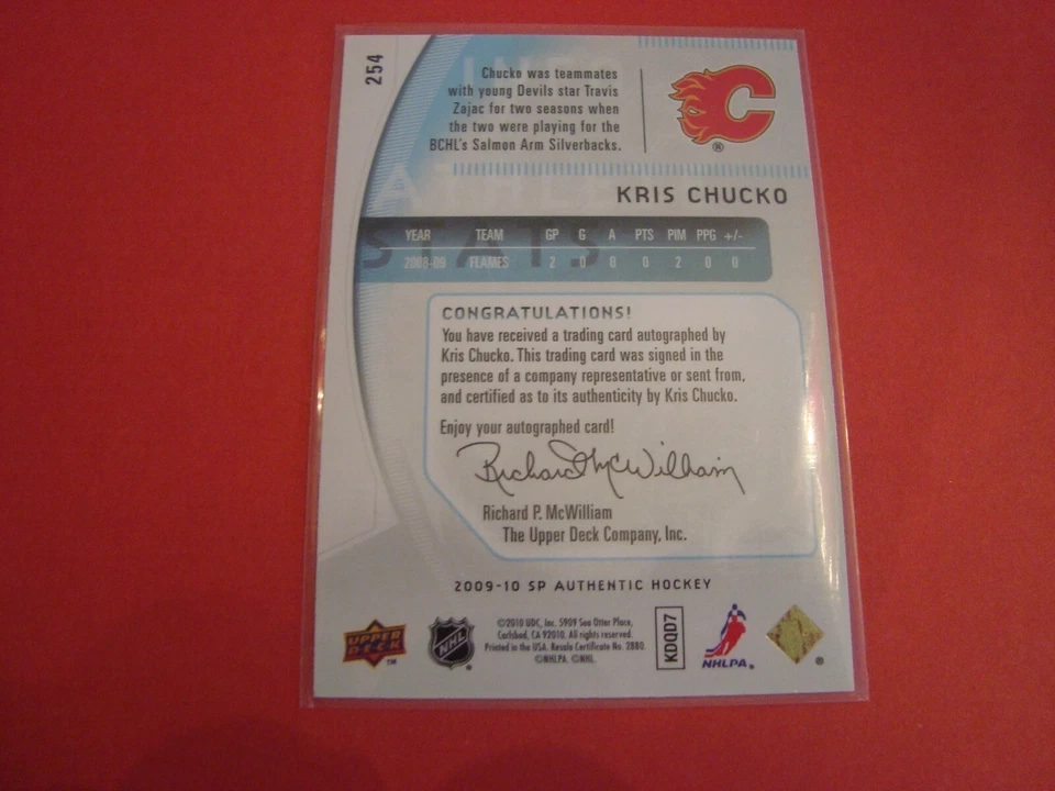 2009 10 SP AUTHENTIC HOCKEY AUTOGRAPH  ROOKIE CARD 254 KRIS CHUCKO CALGARY - Image 2 of 4