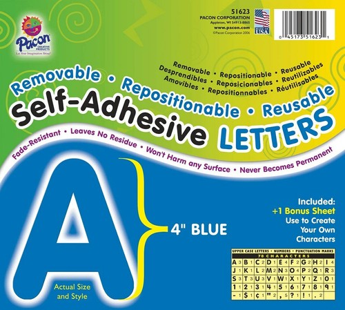 Pacon Reusable Self-Adhesive Vinyl Letters & Numbers Font 4" Blue