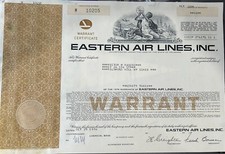 Vintage Stock Warrant Certificate: Eastern Air Lines, Inc Airline Aviation 1976