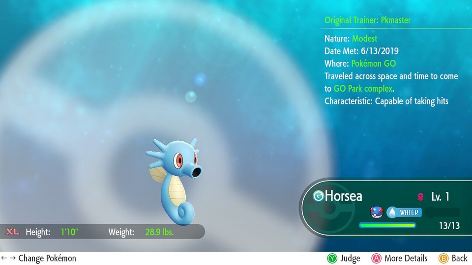 ⭐Shiny/Nonshiny Horsea/Seadra 6IV XL⭐Let's Go Pikachu/Eevee HOME (💯