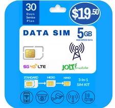 Jolt Mobile Data SIM Card - 5GB Internet 30 Days Data Plan on AT&T 5G 4G LTE SIM