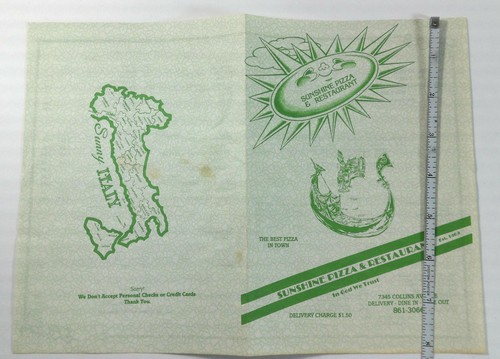 Vintage Menu SUNSHINE PIZZA Restaurant 7345 Collins Unknown Mystery City State - Picture 3 of 3