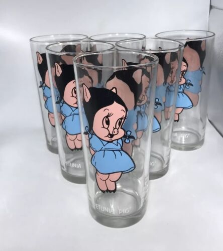 6 Vintage 1973 Pepsi Looney Tunes Petunia Pig Glasses with White Letters Ex Cond