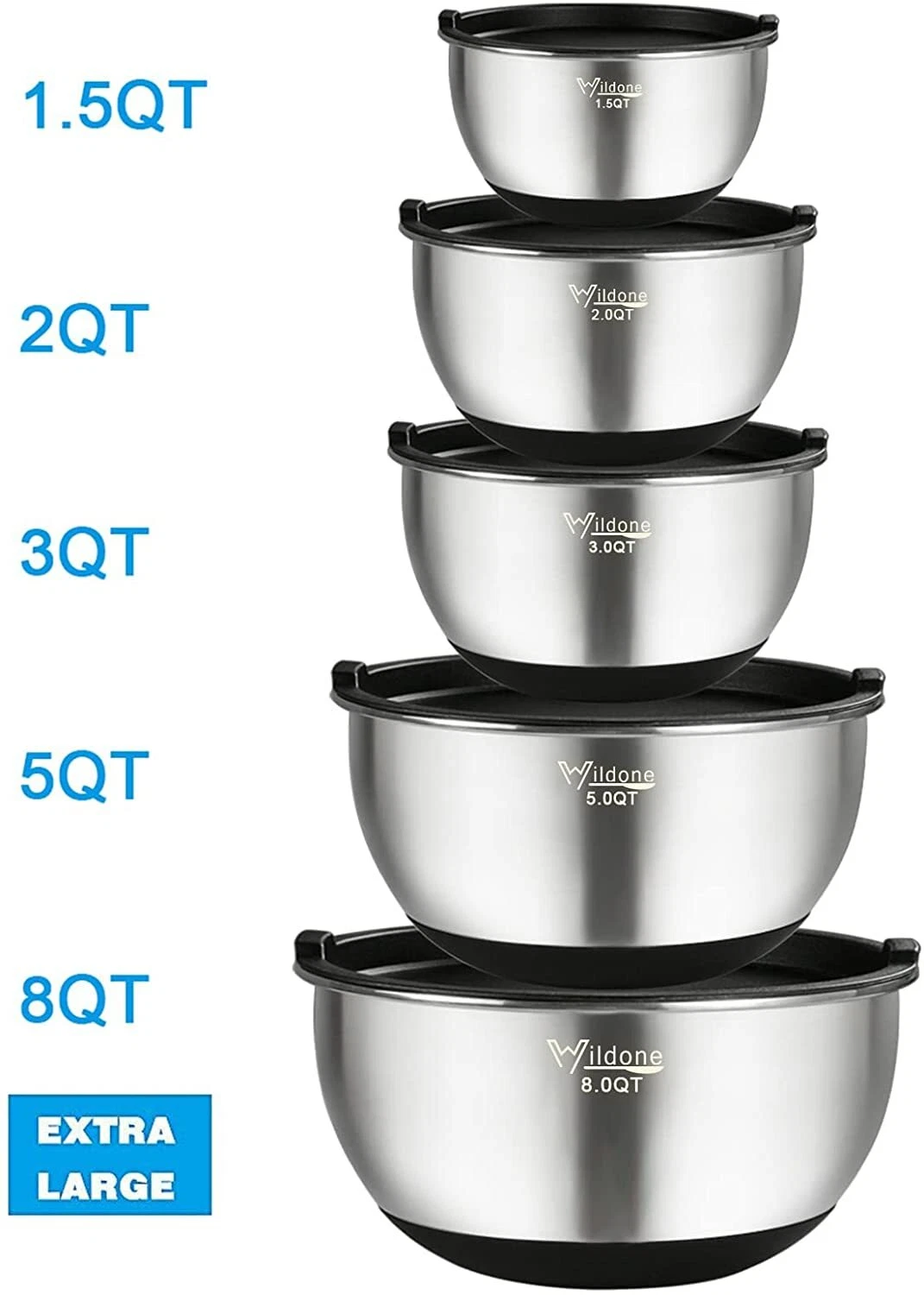 Wildone Stainless Steel Non-slip Silicone Bottoms Mixing Bowls W/ Lids, Set of 5