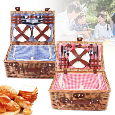 Picnic Basket 2/4 Persons Willow Wicker Picknick Basket Kit w/ Insulation TOP