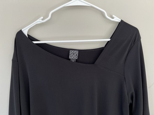 Tunica Clara Sun Woo $80 nera maglia fluida collo asimmetrico manica 3/4 XL nuova con etichette - Foto 2 di 5