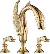 Gold Swan 2 Handle 3 Holes Waterfall Bathroom Sink Faucet Deck Mount Mixer Tap