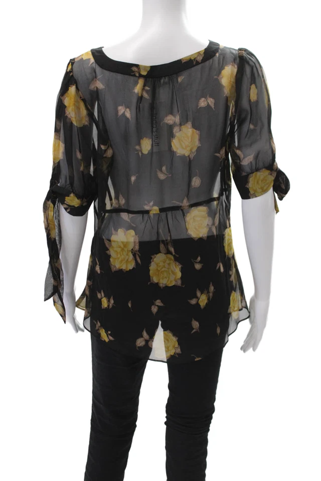 Blusa Odille Anthropologie Mujer Seda Estampado Floral Cuello en V Negra Amarilla Talla 14 Foto 3 de 4