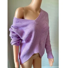Purple Textured V Neck Oversized Knit Sweater Women's Casual Cozy Pullover