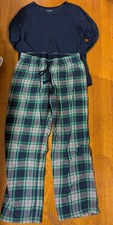 Lands End Womens 2-piece Pajama Set, Navy/ Plaid, Medium