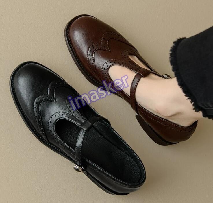 Women's Round Toe Brogue Carved Mary Jane Buckle Strap BlocK Heels Leather Shoes