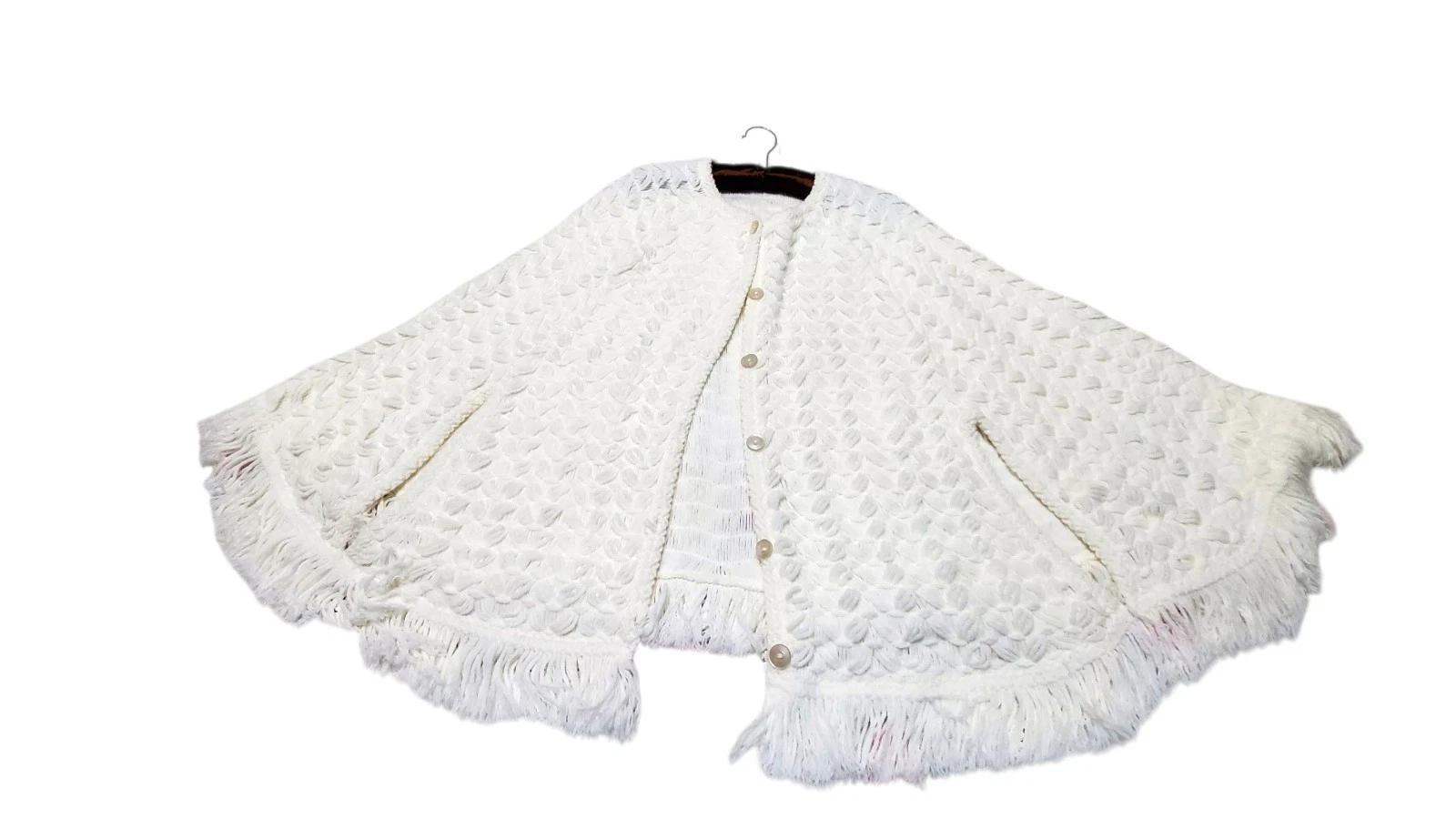 Vtg Fringed Sweater Poncho Cape Women's OS Acrylic Knit Shawl With Arm Holes
