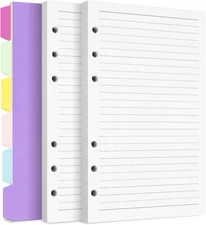 A5 Refill Paper Planner Inserts, 6-Hole Loose Leaf Paper, College A5, white
