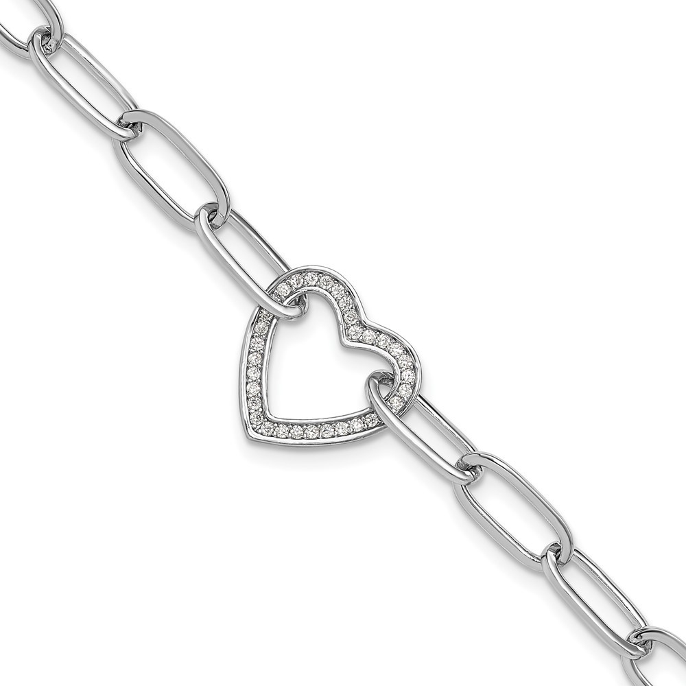 Sterling Silver Cubic Zirconia Heart Paperclip Chain Bracelet 8