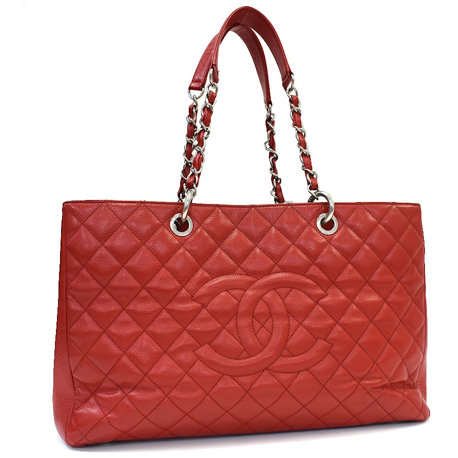 CHANEL GST Large Tote Bag in Red Caviar Leather with Chain Shoulder Strap
