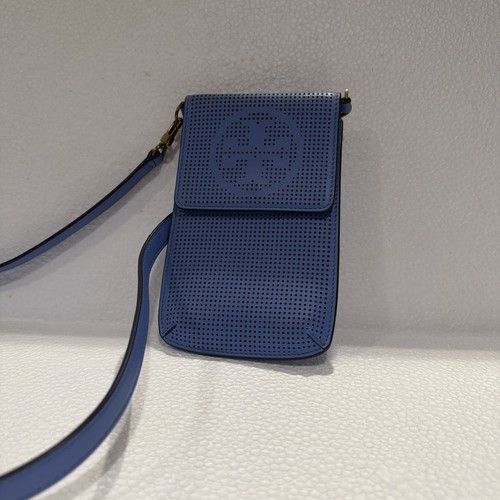 Tory Burch Miller Perforated Leather Phone Crossbody Bag Blue