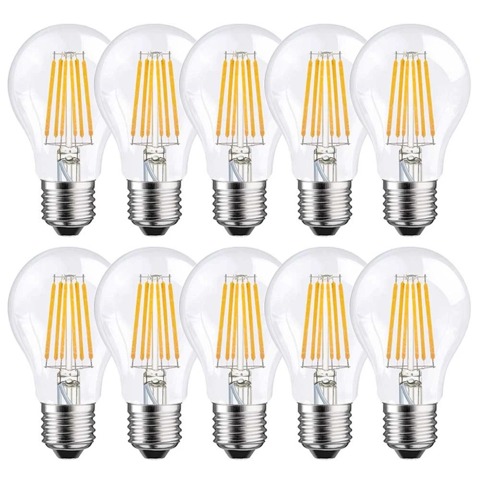 10 x LED Filament Birnen A60 8W = 75W E27 klar 1055lm Tageslicht 6500K kaltweiß