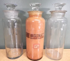 SET OF 3 ANTIQUE HANDBLOWN 10" APOTHECARY JARS ONE WITH ORIGINAL SPICE CURCUMA