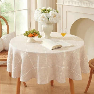 Linen Table Cloth Round 70 Inch, Plaid Browm Linen Tablecloth Round Soft Boho...