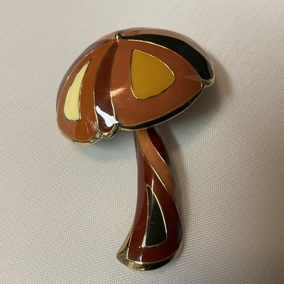 Vintage Eisenburg Earthtone Colored Mushroom Brooch Pin Trimmed In Goldtone