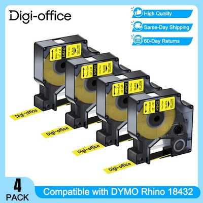 4PK Black on Yellow 18432 1/2'' IND Vinyl Label Tape for Dymo Rhino PRO 1000