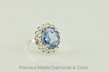 Sterling Silver Circle Trim 7ct Oval Blue Topaz Solitaire Ring 925 Sz: 6.5