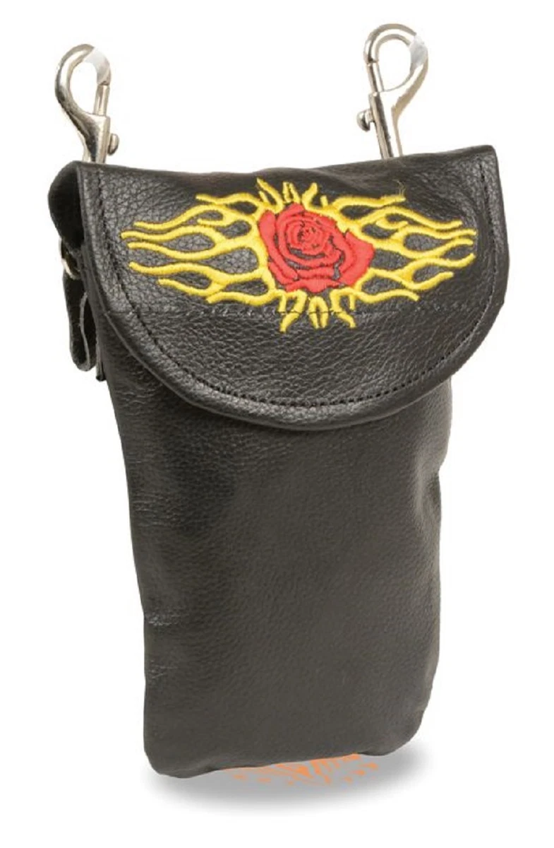 Ladies Premium Leather Flame Rose Purse Clip On Pouch Bag Motorcycle Biker  Rider