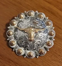 Vintage VOGT Steer Head Sterling 14K Gold Fill Concho Pin Brooch Hat Decoration