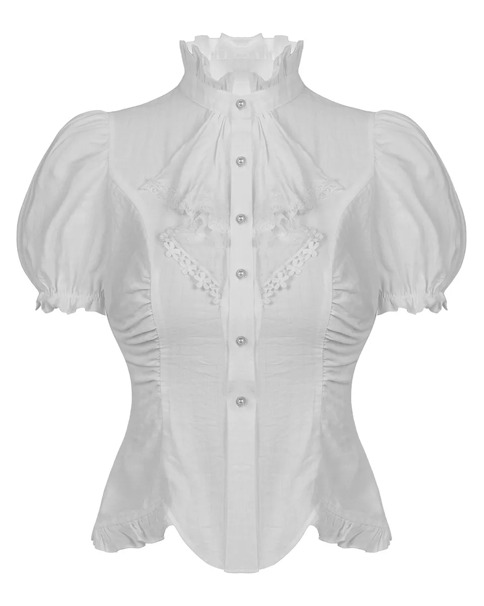 Dark In Love Gothic Steampunk Short Sleeve Ruffle Blouse White
