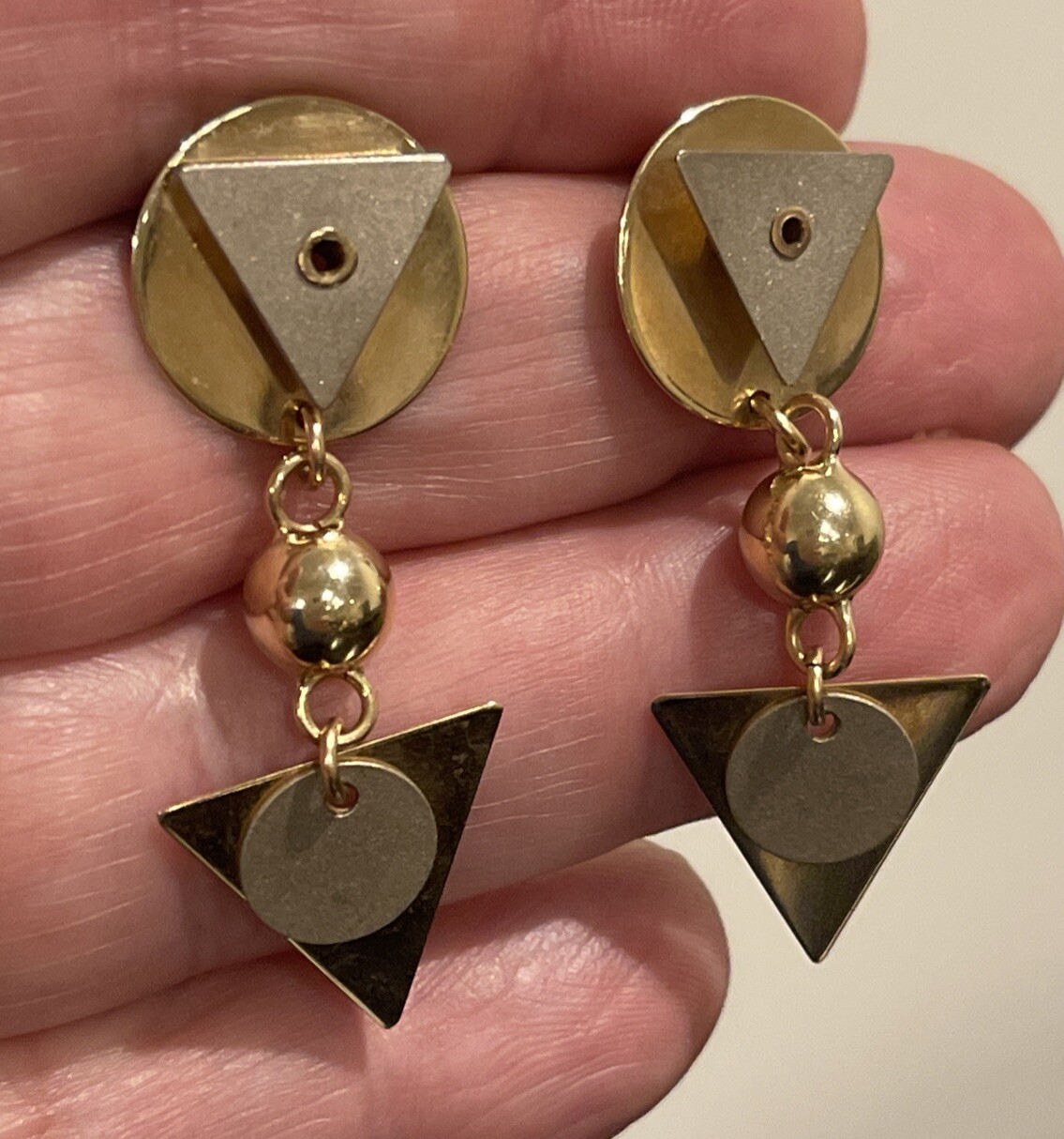 14K Solid Yellow & White Gold Dangle Earrings Geo… - image 3