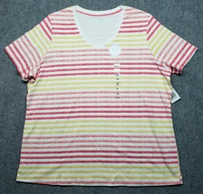 Kim Rogers Everyday T-Shirt Womens 1X Plus Relaxed Multicolor Striped V Neck New